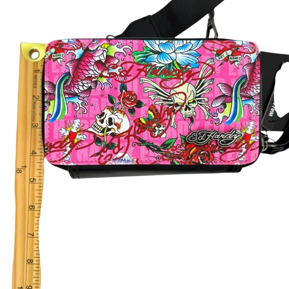 Ed Hardy Women's Crossbody Wallet With Strap Pink Tattoo Print Vegan Leather NWT - Picture 12 of 12